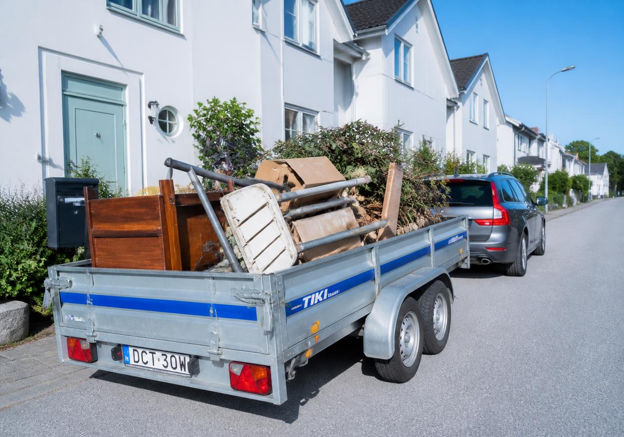 Släp lastat med gammalt trä, möbler och kartonger på väg till tippen